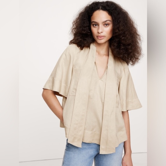 Banana Republic Tops - NWT Banana Republic Viscose-Linen Tie Neck Natural Beige Top Size XL